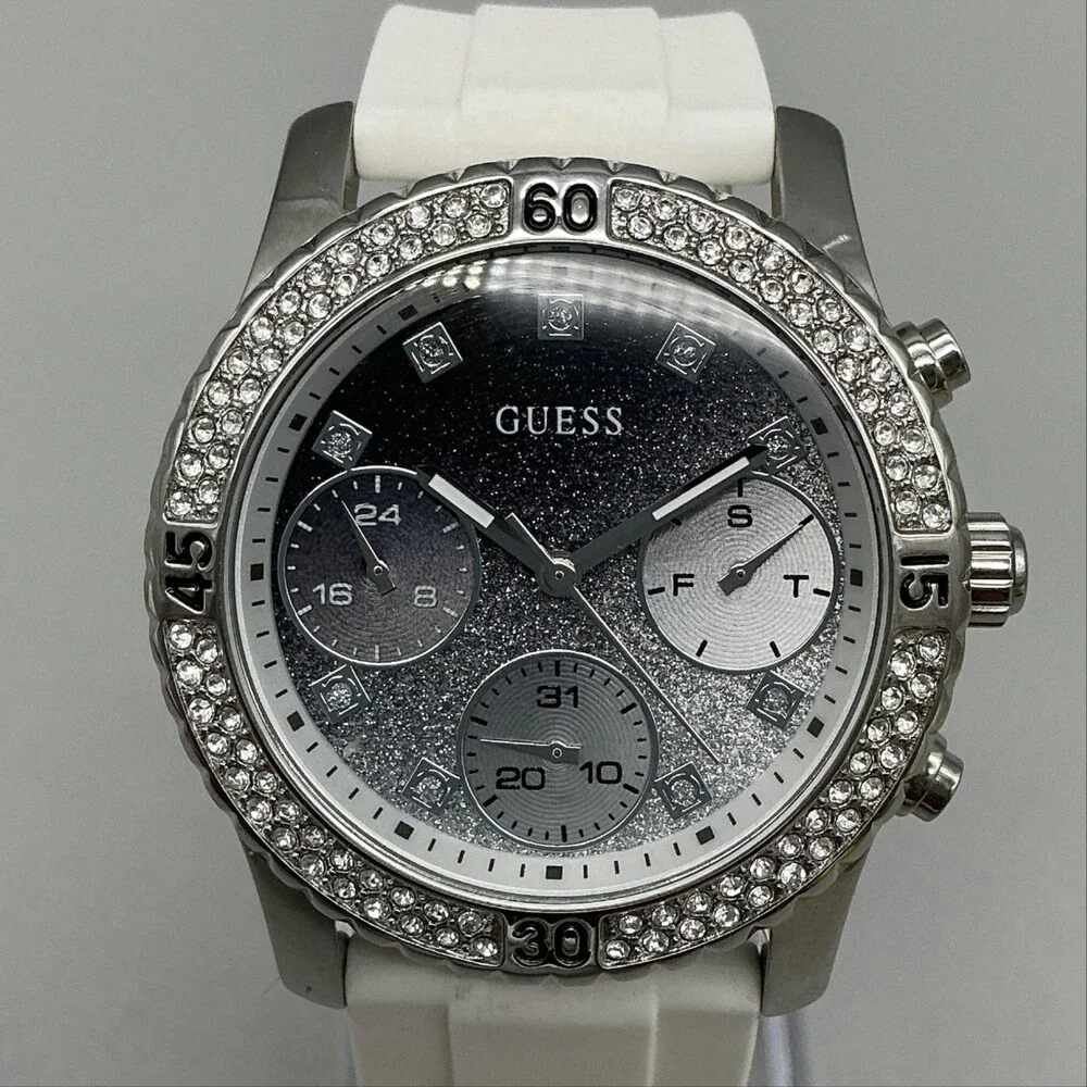 Guess W0989L1 Womens Watch 38mm Silver Tone White Silicone Crystals New Battery